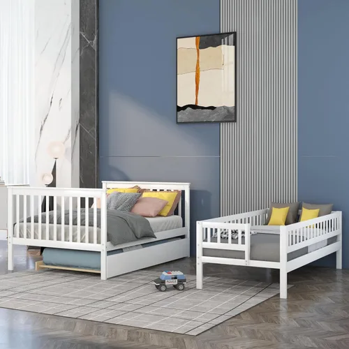 Vista 50 de Harper & Bright Designs Litera de tamaño matrimonial sobre matrimonial con 3 cajones, litera de madera maciza con almacenamiento y riel de Gris