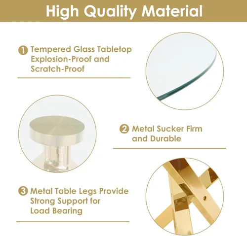 Vista 8 de Juego de mesa de comedor de cristal redondo dorado de 5 piezas, 39 pulgadas con tapa de cristal transparente para 4, mesa de cocina circular de lujo