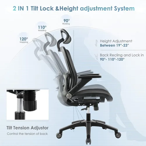 Vista 6 de Silla de oficina ergonómica de malla, silla de escritorio ejecutiva para computadora de respaldo alto con reposacabezas y reposabrazos abatibles 4D