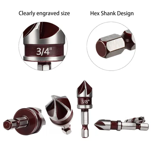 Vista 4 de Juego de brocas avellanadas de 82 grados, 5 flautas de cambio rápido, vástago hexagonal, juego de brocas avellanadas para madera, metal y plástico