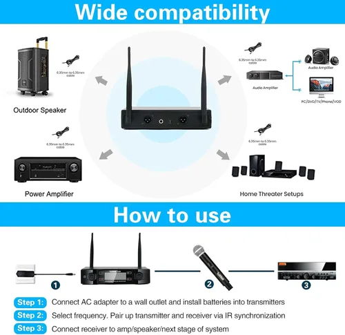Vista 5 de El sistema de micrófono inalámbrico UHF Platino, rango UHF de 200 pies, sistema de micrófono dinámico de mano profesional de doble canal