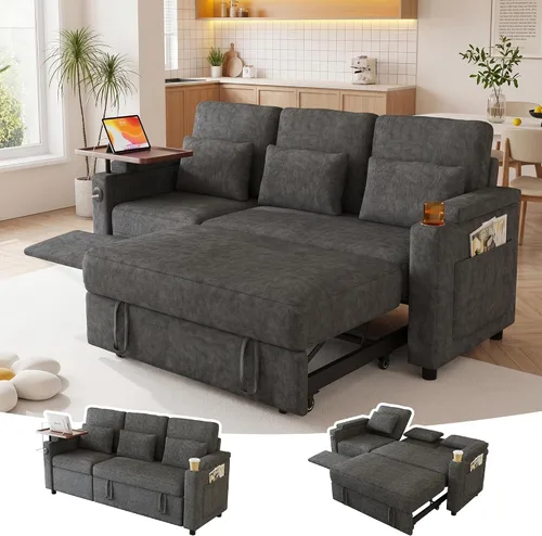 Vista 12 de Sofá cama seccional en forma de L con cama extraíble, 7 asientos Gris