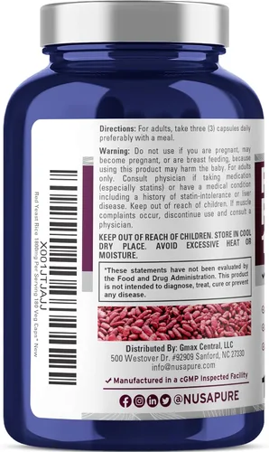 Vista 3 de NusaPure Arroz de levadura roja 1800 mg 180 cápsulas vegetarianas (sin OMG, sin gluten)