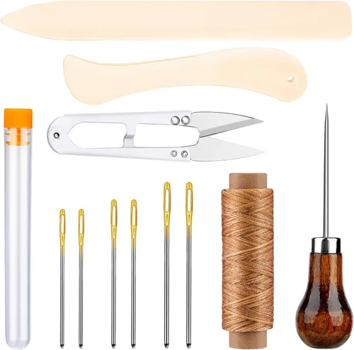 Wonvoc Kit de encuadernación de 12 piezas con carpeta de hueso, punzón, hilo encerado, agujas, kit de punzón de cuero para encuadernación de libros,