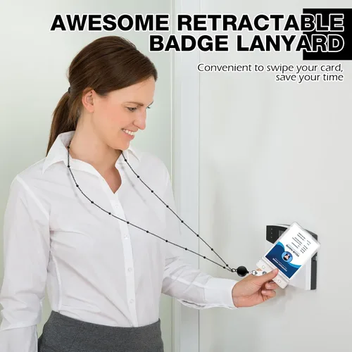 Vista 5 de Zonon Cordón Retráctil con Portaidentificación 3 Piezas Collar de Insignia con Cuentas con 6 Portarjetas Impermeables de Acero Inoxidable ID Negro