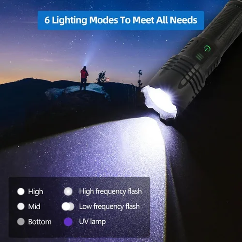 Vista 2 de Linternas recargables LED superbrillantes, linternas tácticas con zoom con 6 modos (lámpara UV), linterna de alta potencia de 6000 lúmenes, luces