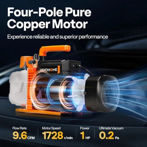 Vista 2 de VIVOHOME Serie VG - Juego de bomba de vacío y medidor de CA, 1 bomba de vacío HP 9.6CFM de 2 etapas y kit de manómetro de colector de 4 vías
