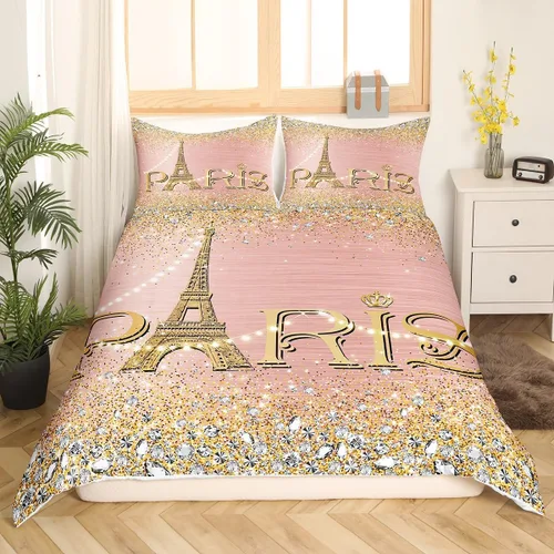 Vista 18 de Erosebridal Juego de ropa de cama de París para niñas y adolescentes, funda de edredón de la Torre Eiffel, tamaño Queen, funda de edredón