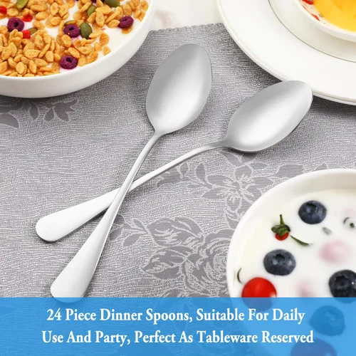 Vista 7 de Juego de 24 cucharas de cena, cucharas de acero inoxidable de grado alimenticio premium, cuchara de metal duradera, cuchara sopera, solo cubiertos