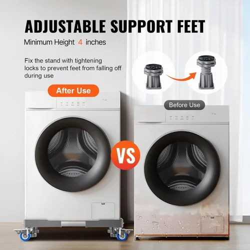 Vista 5 de VEVOR Mini soporte para nevera, base ajustable de 16 a 25 pulgadas para lavadora con 4 pies fuertes, 4 ruedas giratorias de bloqueo, base móvil