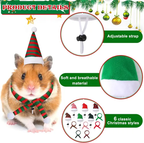 Vista 5 de JUNEBRUSHS Mini sombreros y bufandas de Papá Noel, 12 piezas de accesorios de Navidad para mascotas, rojo, verde, blanco, ajustable, se adapta a