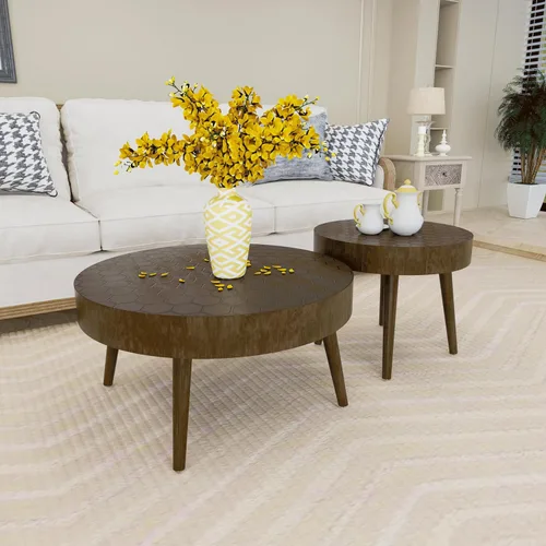 Vista 3 de Juego de 2 mesas de centro redondas de 2 piezas, mesa anidable de granja con patrón de panal de abeja, mesa auxiliar moderna de MDF para sala