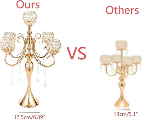 Vista 4 de Candelabro dorado de 5 brazos de 26 pulgadas de alto, candelabros con cuentas de cristal para centro de mesa, boda, fiesta, cena, eventos formales