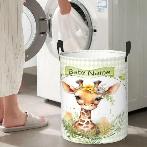 Vista 5 de Cesta de lavandería personalizada con nombre, impermeable, jirafa, para guardería, para bebé, niña, niño, cestas de almacenamiento plegables