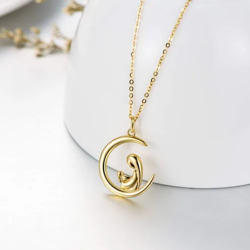Vista 3 de SISGEM Collar de oro de 14 quilates para mujer, delicado collar de oro para madre e hijo, collar de luna creciente, regalo de cumpleaños
