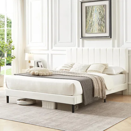 Vista 6 de Flolinda Base de cama tamaño King con cabecera tapizada de terciopelo ajustable y soporte de listones de madera, base de colchón tapizada, no Blanco