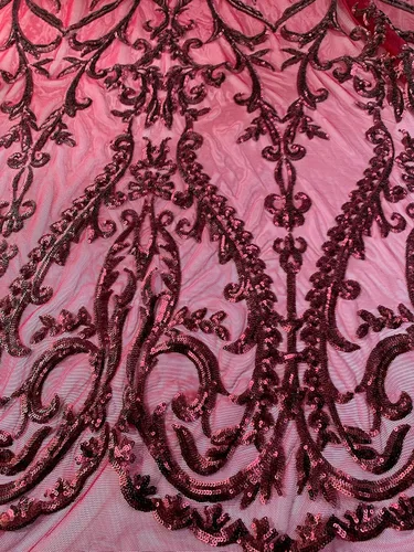 Vista 3 de Esmeralda - 10102 - Lentejuelas en tela de encaje de malla color borgoña