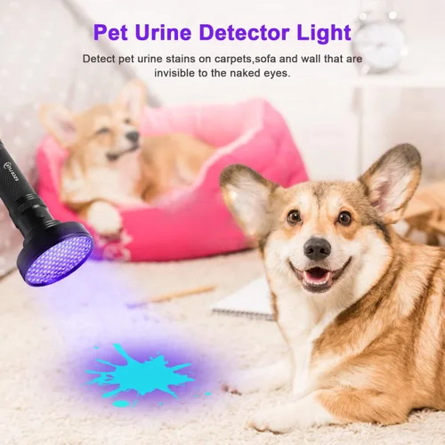 Vista 2 de ESCO LITE Linterna UV de luz negra, 100 luces LED negras para detección de orina de mascotas, linternas ultravioleta para orina de perro
