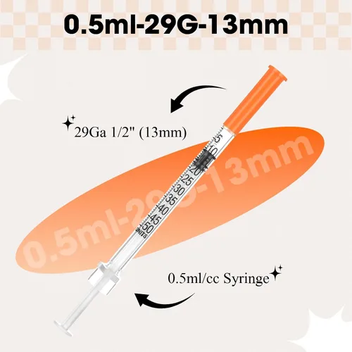 Vista 2 de Jeringa de 0.5 ml con tapa, 29G 1/2" 13mm 1/2cc, jeringas desechables en paquete individual, paquete de 20