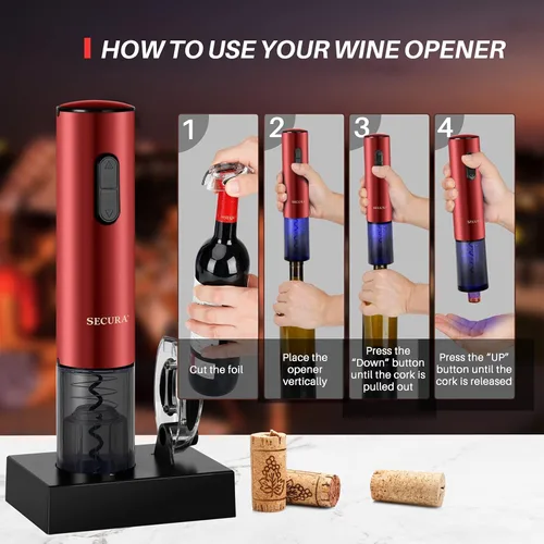 Vista 3 de Secura Abridor de vino eléctrico, sacacorchos eléctrico automático de botellas de vino con cortador de papel de aluminio, recargable (rojo)