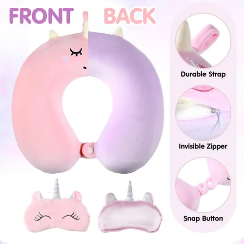 Vista 4 de Juego de 6 almohadas de viaje para niños, almohada para el cuello para viajar con bonita máscara de sueño, almohada de espuma viscoelástica