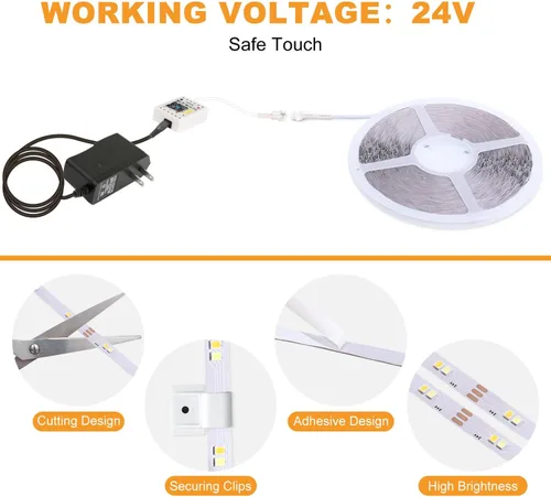 Vista 8 de Tira de luces LED blancas 3000K-6500K 23 pies regulable, tira inteligente compatible con Alexa, cinta flexible WiFi de 24 V LED con aplicación