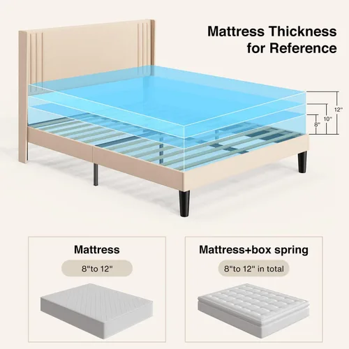 Vista 40 de Gizoon Base de cama matrimonial con cabecera de ala, plataforma tapizada con cabecera geométrica moderna, listones de madera, sin ruido, no necesita