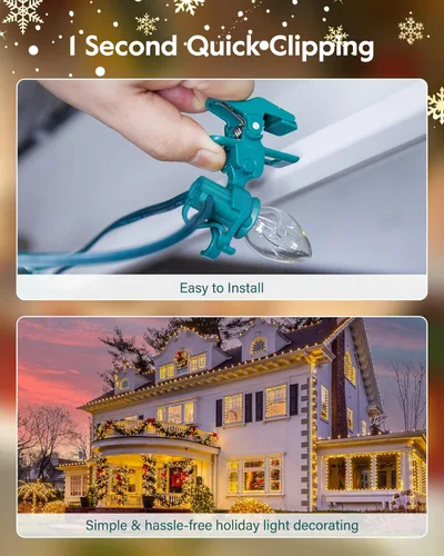Vista 2 de C7 C9 - Clips de resorte universales para luces navideñas, 100 unidades de clips de resorte rápido para decoraciones de luz navideña, clips de tejas