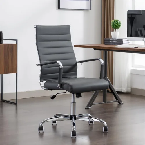 Vista 11 de Silla de escritorio de oficina de cuero, sillas de sala de conferencias con ruedas, silla ejecutiva moderna de respaldo alto, ergonómica, giratoria
