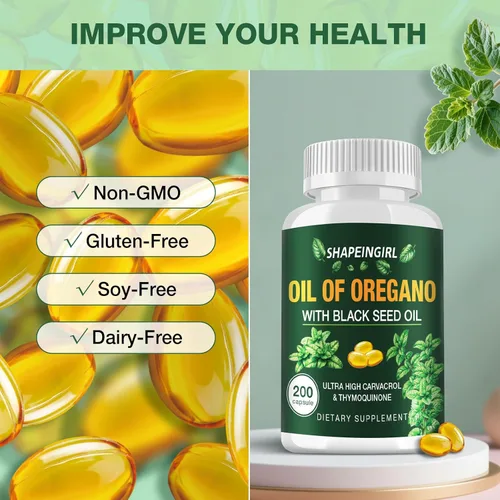 Vista 6 de Cápsulas de aceite de orégano con aceite de semilla negra, suplemento de aceite de orégano orgánico, 200 cápsulas blandas, carvacrol de alta