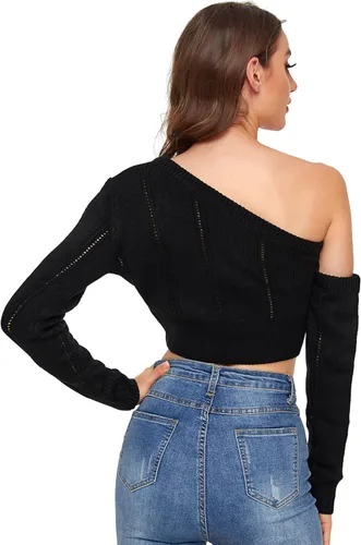 Vista 5 de WDIRARA Suéter corto de manga larga con cuello asimétrico para mujer