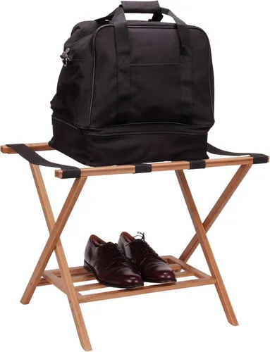 Vista 4 de Household Essentials Fully Assembled Folding Luggage Rack with Lower Storage Shelf Bamboo Frame with Black Straps