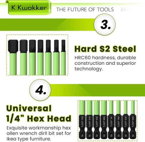 Vista 6 de SAE 4" Largo 10 Piezas 1/4" Brocas de Llave Allen con Cabeza Hexagonal, Juego de Puntas de Destornillador Magnético de 5/64" a 5/16" para Tornillos