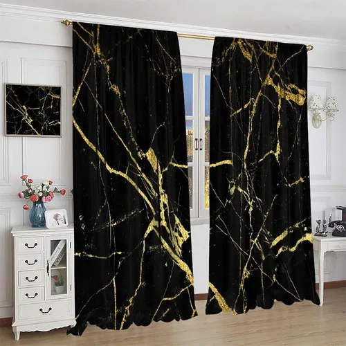 Vista 4 de Cortinas abstractas con estampado de mármol negro y dorado, patrón retro para sala de estar, cocina, dormitorio, paneles opacos de 42 x 45 pulgadas