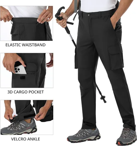 Vista 4 de PULI Pantalones de senderismo impermeables para hombre, ajustados, elásticos, ligeros, con bolsillos