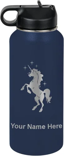 Vista 52 de LaserGram Botella de agua de doble pared abatible de 12 onzas con pajita, unicornio, grabado personalizado incluido (rosa)