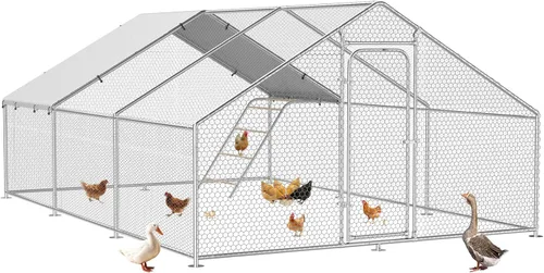 Vista 11 de Gallinero de metal con paso, 10 x 5 x 6.4 pies, jaula para aves de corral al aire libre, perca mejorada, cubierta impermeable y antiultravioleta