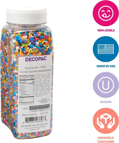Vista 2 de DecoPac Rainbow Party Fusion Mix - Gránulos de caramelo en forma de 26 onzas en un recipiente de mano, decoraciones mágicas comestibles