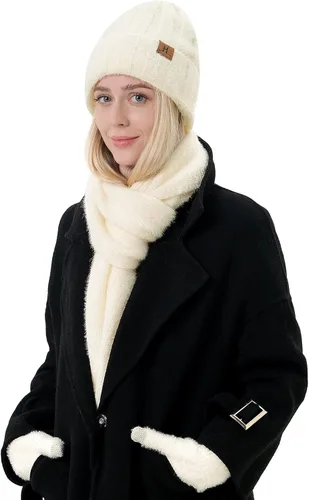 Vista 6 de Gorro de punto cálido para mujer, para pantalla táctil, conjunto de bufanda larga con forro polar y gorras de calavera para mujeres y hombres