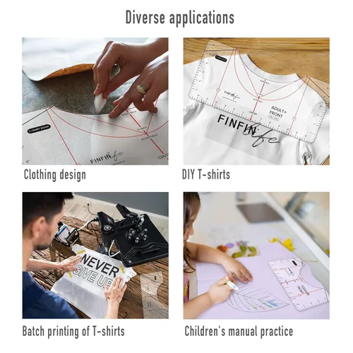 Vista 4 de Guía de regla de camiseta mejorada de 8 piezas para alineación de vinilo, regla de camisa de mayor precisión, cuello redondo y en V, herramienta