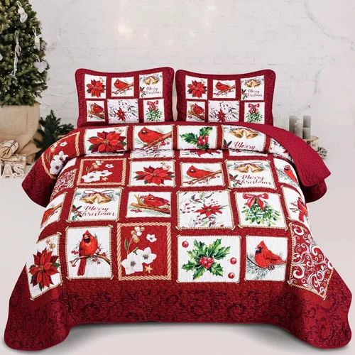 Vista 10 de Luxudecor Juego de edredón de Navidad tamaño Queen de 3 piezas, colcha de Navidad de retazos rojos con fundas de almohada, colcha reversible suave