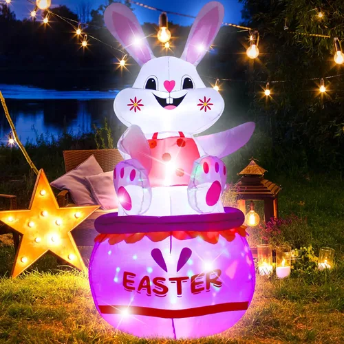 Vista 6 de Conejito de Pascua inflable de 5 pies para decoración al aire libre, luces LED integradas, bonito huevo de conejo de Pascua inflable para decoración