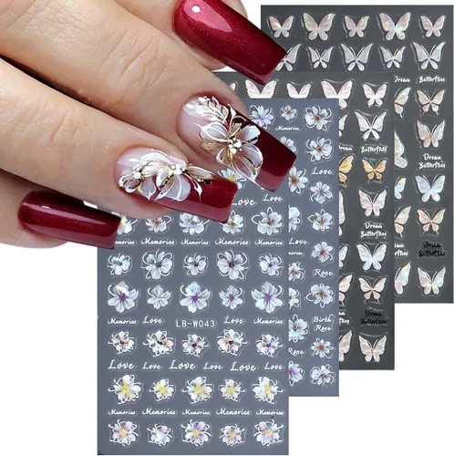 Vista 11 de Fcozpjk Calcomanías de uñas con lazo en relieve 5D, 5 hojas autoadhesivas de cintas rosas y blancas, arte de uñas para el día de San Valentín, dijes