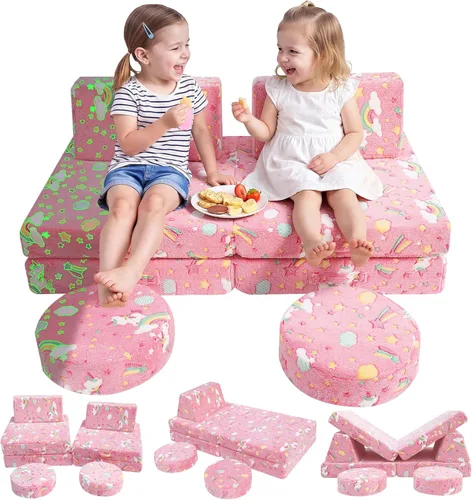 Vista 21 de Sofá modular para niños MeMoreCool – Sofá de dinosaurio de 8 piezas que brilla en la oscuridad para niños pequeños convertible en fuerte constructor