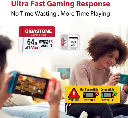 Vista 5 de 【Solo para Switch 1】 Gigastone: 2 unidades de tarjeta Micro SD de 64 GB, Gaming Plus, tarjeta de memoria MicroSDXC para Nintendo-Switch, grabación