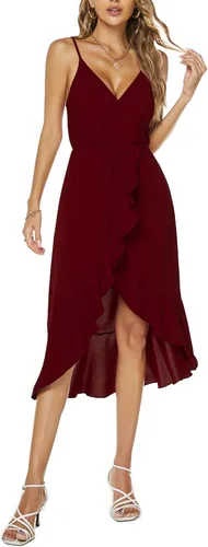 Vista 3 de Womens Summer Chiffon Sleeveless Spaghetti Strap Cross V Neck High Low Dress Beach Flowy Party Midi Dresses 837