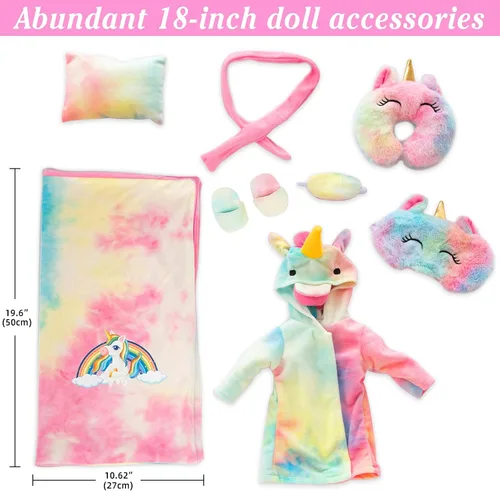 Vista 2 de XFEYUE Juego de ropa de muñeca americana de 18 pulgadas y saco de dormir, disfraz de unicornio arcoíris con saco de dormir estilo unicornio