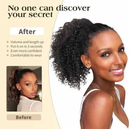 Vista 9 de isheeny Cola de caballo de cabello humano con cordón para mujeres negras, extensión de cabello humano rizado 4C, 8 pulgadas, aspecto natural, añade