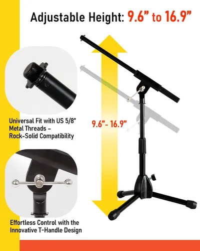 Vista 5 de Stage Rocker Soporte de micrófono de trípode plegable de bajo perfil con boom - Altura que se extiende de 9.6'' a 16.9'', con brazo telescópico