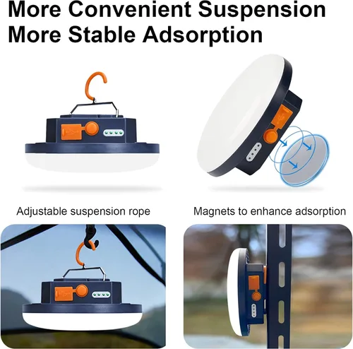 Vista 4 de Luz de campamento recargable de 10000 mAh, 3000 lúmenes, 6500 K, 24 horas de tiempo de juego, luz de mercado nocturno al aire libre, linterna